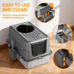 London Boutique Black 60X40X38.5 Cm Stainless Steel Cat Litter Box, Xxl Enclosed Tray, Dual Entry, Flip Lid, Scoop - thumbnail 4
