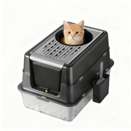 London Boutique Black 60X40X38.5 Cm Stainless Steel Cat Litter Box, Xxl Enclosed Tray, Dual Entry, Flip Lid, Scoop - thumbnail 1