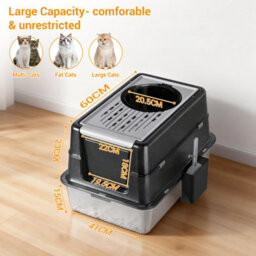 London Boutique Black 60X40X38.5 Cm Stainless Steel Cat Litter Box, Xxl Enclosed Tray, Dual Entry, Flip Lid, Scoop - thumbnail 2
