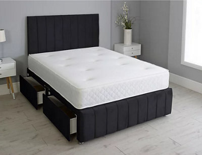 Comfy Deluxe 6Ft Superking Panel Black Plush Divan Bed Set Headboard & Footboard 2 Drawers Left Side - image 1