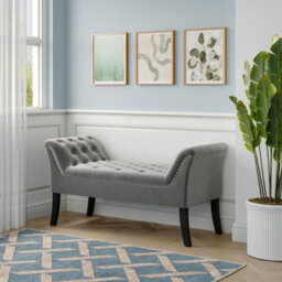 Living And Home Modern Grey Velvet Bed Bench With Button With Curved Armrests, Ideal For Bedroom, Entryway Or Living Room 120Cm (W) - thumbnail 1
