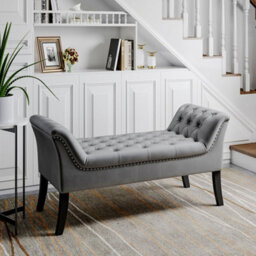 Living And Home Modern Grey Velvet Bed Bench With Button With Curved Armrests, Ideal For Bedroom, Entryway Or Living Room 120Cm (W) - thumbnail 2