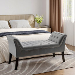 Living And Home Modern Grey Velvet Bed Bench With Button With Curved Armrests, Ideal For Bedroom, Entryway Or Living Room 120Cm (W) - thumbnail 4