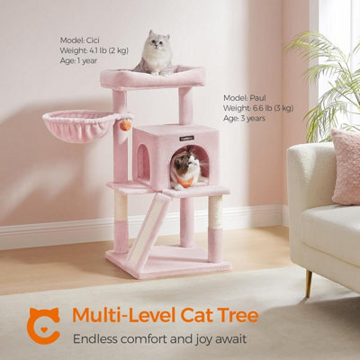 Cat Tree For Indoor Cats, Cat Tower With Large Perch, 2-Door Cave, Scratch Ramp, And Pompom Toy, Jelly Pink - image 1