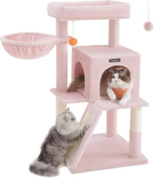 Cat Tree For Indoor Cats, Cat Tower With Large Perch, 2-Door Cave, Scratch Ramp, And Pompom Toy, Jelly Pink - thumbnail 7