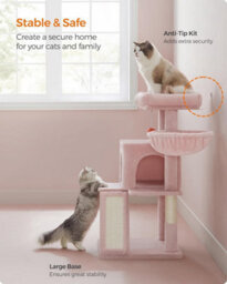 Cat Tree For Indoor Cats, Cat Tower With Large Perch, 2-Door Cave, Scratch Ramp, And Pompom Toy, Jelly Pink - thumbnail 6