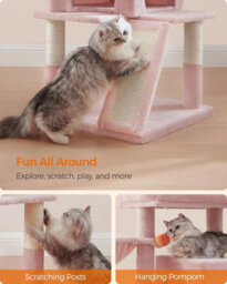 Cat Tree For Indoor Cats, Cat Tower With Large Perch, 2-Door Cave, Scratch Ramp, And Pompom Toy, Jelly Pink - thumbnail 5