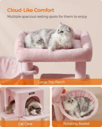 Cat Tree For Indoor Cats, Cat Tower With Large Perch, 2-Door Cave, Scratch Ramp, And Pompom Toy, Jelly Pink - thumbnail 4