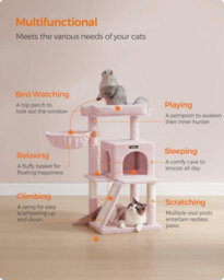 Cat Tree For Indoor Cats, Cat Tower With Large Perch, 2-Door Cave, Scratch Ramp, And Pompom Toy, Jelly Pink - thumbnail 3