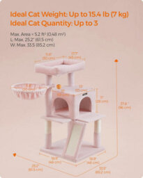 Cat Tree For Indoor Cats, Cat Tower With Large Perch, 2-Door Cave, Scratch Ramp, And Pompom Toy, Jelly Pink - thumbnail 2