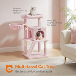 Cat Tree For Indoor Cats, Cat Tower With Large Perch, 2-Door Cave, Scratch Ramp, And Pompom Toy, Jelly Pink - thumbnail 1