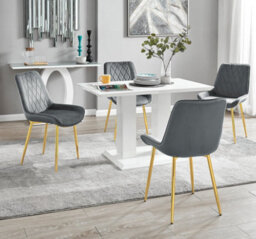 Furniturebox Uk 4 Seater Dining Set - Imperia White High Gloss Dining Table And Chairs - 4 Grey Pesaro Gold Leg Chairs