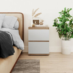 Urbn-Living Urbnliving Height 49Cm 2 Drawer Wooden Bedroom Bedside Cabinet Colour Oak Carcass And White Drawers No Handle Nightstand - thumbnail 2