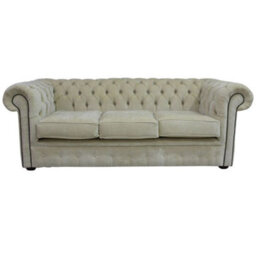 Chesterfield Handmade 3 Seater Sofa Settee Velluto Chiffon Beige Fabric In Classic Style - thumbnail 1