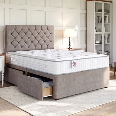 Divan Base Direct Wool Bronze Platform Top Divan Bed Base 6Ft Super King With 2 Drawers + Chesterfield Floor Standing Headboard - image 1