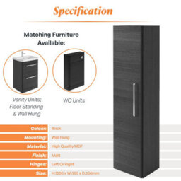 Plum&clay Emery Wall Hung Textured Black Tall Bathroom Cabinet With Chrome Bar Handle (H)120Cm (W)35Cm - thumbnail 5