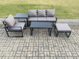 Fimous Aluminium 5 Pieces Garden Furniture Sofa Set With Cushions 5 Seater Outdoor Patio Set With Armchair Big Footstool - thumbnail 1
