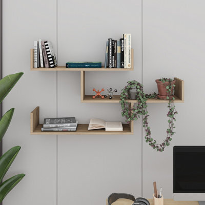 Decortie Tibet Wall Shelves - Floating 3 Tier Wall Mounted Display Unit Natural Oak - image 1