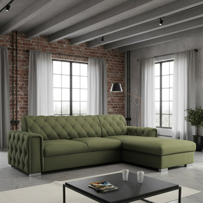 Roma Corner Sofa Bed With Storage For Living Room Polyurethane Foam Wave Springs Metal Legs Frame 267X85X185Cm Olive Right - image 1
