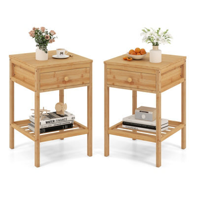 Costway 2 Pcs Bamboo Nightstand Bedside Table With Storage Drawer-Natural - image 1