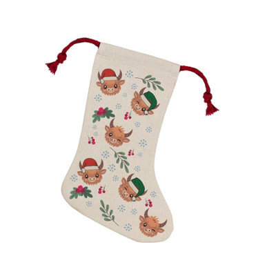 Purely Home Highland Cow Christmas Stocking - Novelty Xmas Gift/countryside Décor Linen-Style With Red Drawstring Ties - image 1