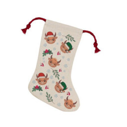 Purely Home Highland Cow Christmas Stocking - Novelty Xmas Gift/countryside Décor Linen-Style With Red Drawstring Ties - thumbnail 1