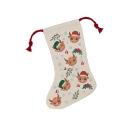 Purely Home Highland Cow Christmas Stocking - Novelty Xmas Gift/countryside Décor Linen-Style With Red Drawstring Ties - thumbnail 2
