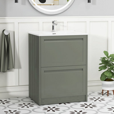 Royal Bathrooms Elmore 600mm Traditional Floor Standing 2 Drawer Bathroom Vanity Unit With Ceramic Basin Sink - Matt Green - image 1