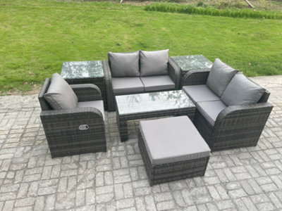 Fimous Rattan Outdoor Garden Furniture Sofa Set Patio Table & Chairs Set With Big Footstool 2 Side Tables Dark Grey Mixed - image 1