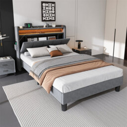 Abrihome Upholstered Bed, 3Ft Single Bed 90X190Cm, Lower Flap Door Storage, With Led Light Strip, 3 Usb Port+1 Type C, Velvet, Grey - thumbnail 1