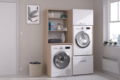 Parisot Laundry Room Storage Cabinet For Two Washing Machines Or Dryer With Cupboards & Shelves -White Oak - image 1