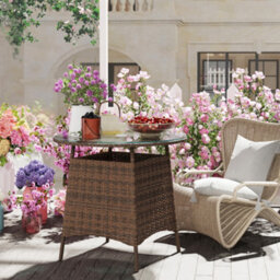 Outsunny Patio Furniture Rattan Garden Table With Umbrella Hole, Brown - thumbnail 9