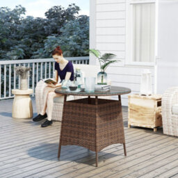 Outsunny Patio Furniture Rattan Garden Table With Umbrella Hole, Brown - thumbnail 1