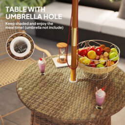 Outsunny Patio Furniture Rattan Garden Table With Umbrella Hole, Brown - thumbnail 5
