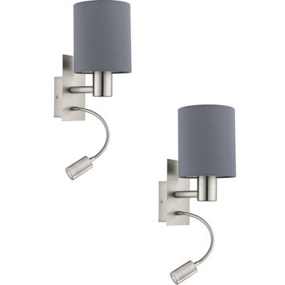 Stylish 2 Pack Satin Nickel Wall Lights With Grey Fabric Shade - E27 Led Compatible - image 1