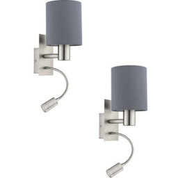 Stylish 2 Pack Satin Nickel Wall Lights With Grey Fabric Shade - E27 Led Compatible - thumbnail 1