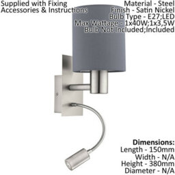 Stylish 2 Pack Satin Nickel Wall Lights With Grey Fabric Shade - E27 Led Compatible - thumbnail 2