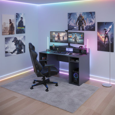 Amos Mann Furniture Saber Gaming Desk In Dark Grey With Hutch And Storage - image 1