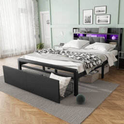 Abrihome Metal Bed With Led Lights & Charging Ports - 4Ft6 Double, 135X190Cm, Soft-Padded Storage Headboard, Wheeled Drawers, Black - thumbnail 1