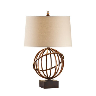 Stylish Firenze Gold Table Lamp With Dark Tan Linen Shade And Tilted Orb Base - image 1