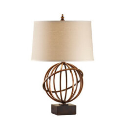 Stylish Firenze Gold Table Lamp With Dark Tan Linen Shade And Tilted Orb Base