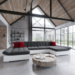 Alia Living Room Corner Sofa Bed With Polyurethane Foam Wave Spring Wooden Frame 360X160X75Cm White And Graphite And Red Cushions - thumbnail 1