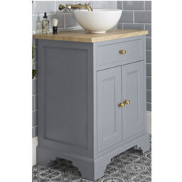 Homestylestore 645mm Light Grey And Oak Bathroom Vanity Unit With Round Countertop Basin And Gold Round Handles