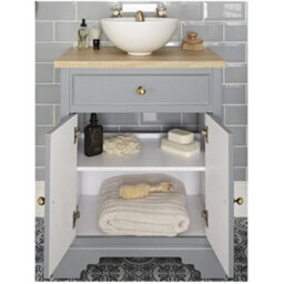 Homestylestore 645mm Light Grey And Oak Bathroom Vanity Unit With Round Countertop Basin And Gold Round Handles - thumbnail 3