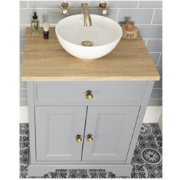 Homestylestore 645mm Light Grey And Oak Bathroom Vanity Unit With Round Countertop Basin And Gold Round Handles - thumbnail 2