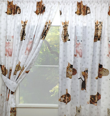 "66"" X 54"" Cute Kittens Pencil Pleat Curtain Set, Rachael Hale, Paw Print Cats White Pink Grey" - image 1