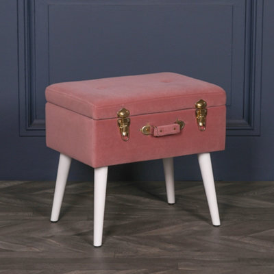 Amour Pink Velvet White Legs Upholstered Suitcase Bedroom Dressing Stool - image 1