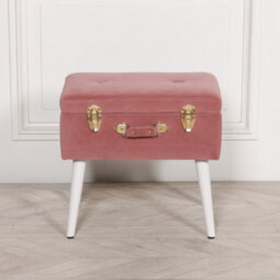 Amour Pink Velvet White Legs Upholstered Suitcase Bedroom Dressing Stool - thumbnail 7
