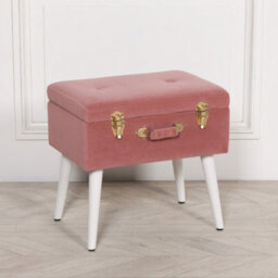 Amour Pink Velvet White Legs Upholstered Suitcase Bedroom Dressing Stool - thumbnail 6