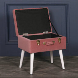 Amour Pink Velvet White Legs Upholstered Suitcase Bedroom Dressing Stool - thumbnail 5